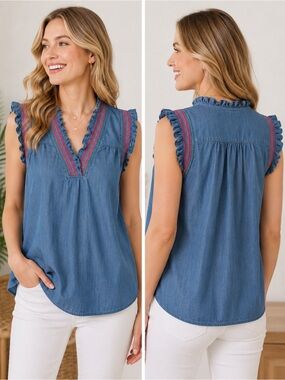 Crown & Ivy Denim Embroidered Ruffle Sleeveless Top Size L